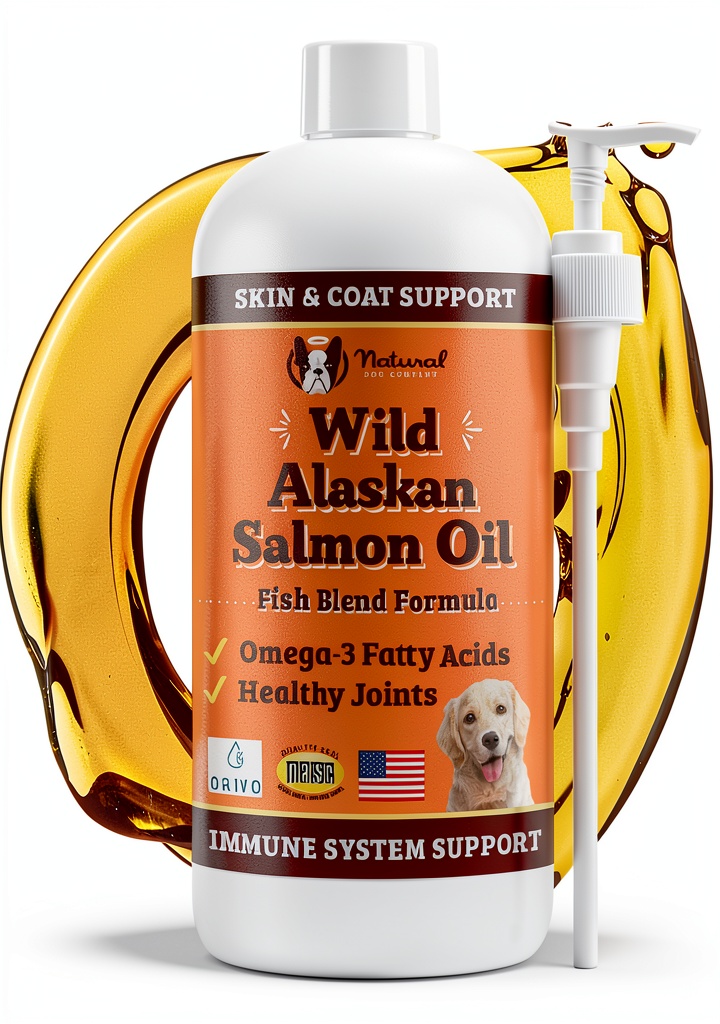 Wild Alaskan Salmon Oil bottle with pump on dog food