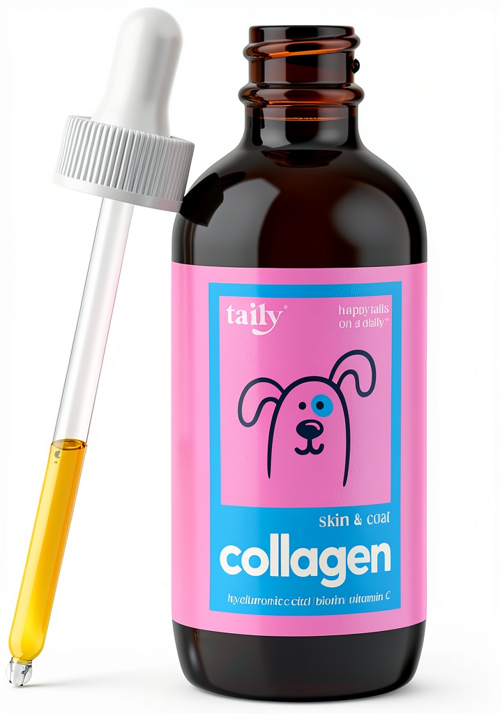 Taily liquid collagen bottle displayed with a happy dog
