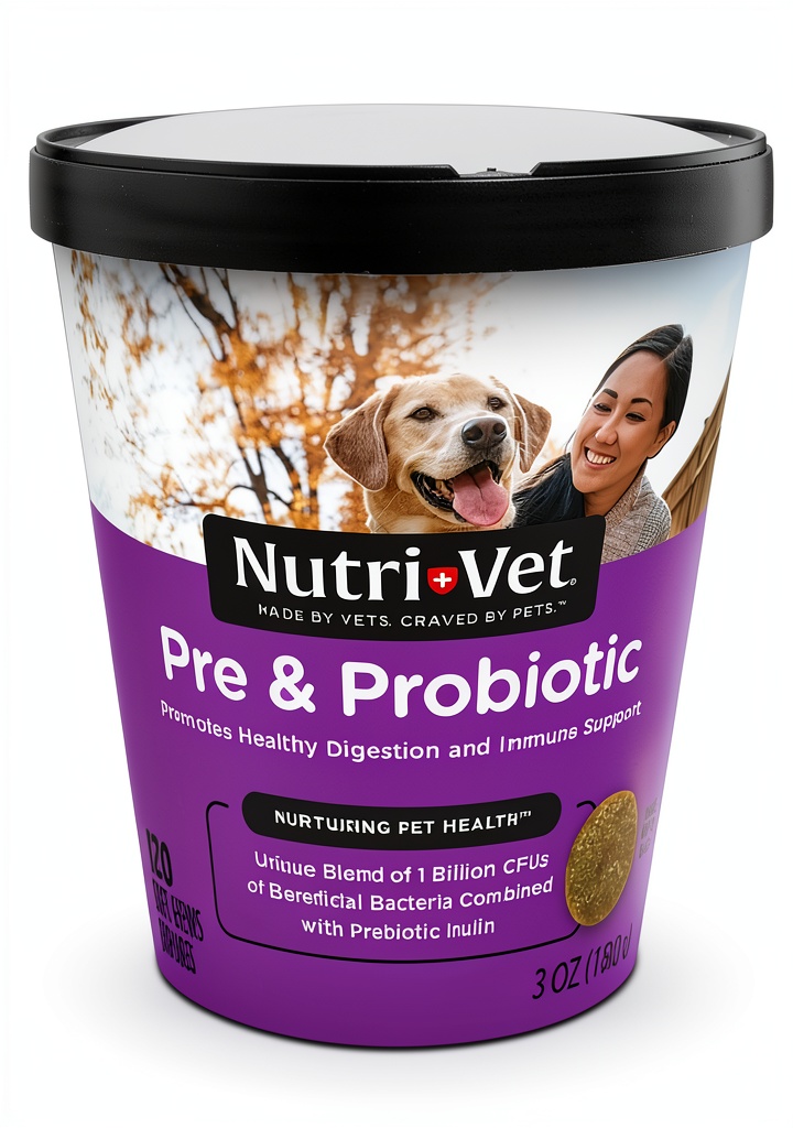 Manna Pro Dog Probiotic Chews package and chews displayed on a table