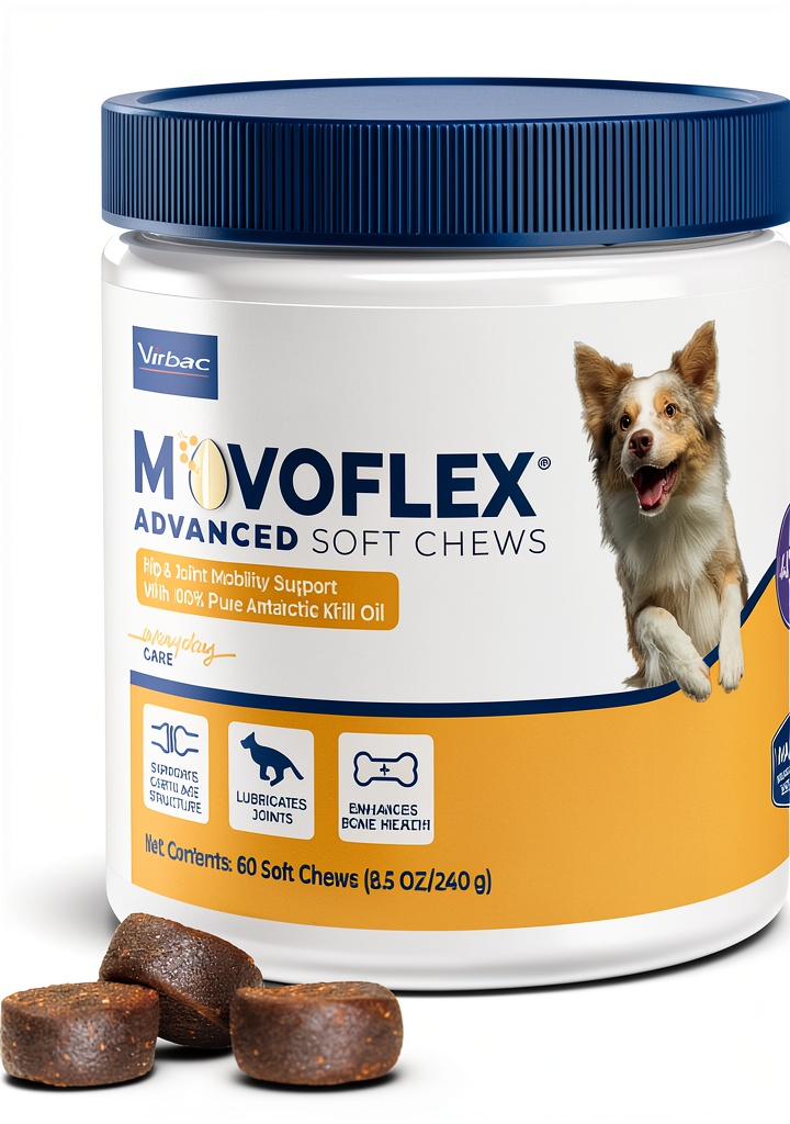 Movoflex Dog Hip Joint Chews Chicken Flavor displayed beside a dog bowl showing daily administration routine