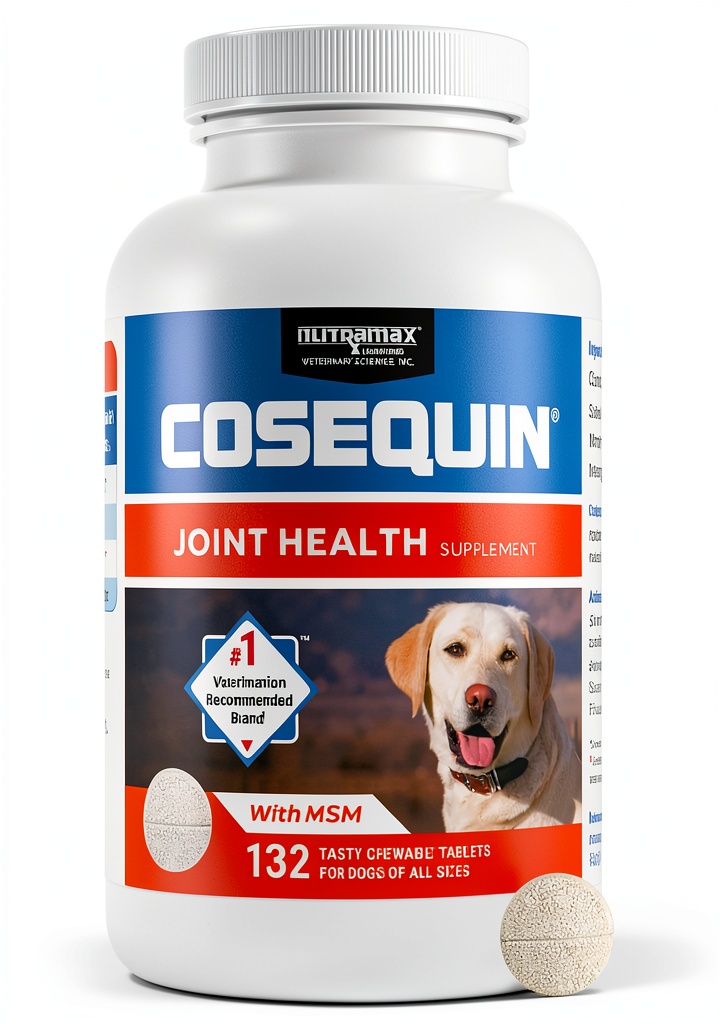 Cosequin chewable tablets for dogs on a pet bowl