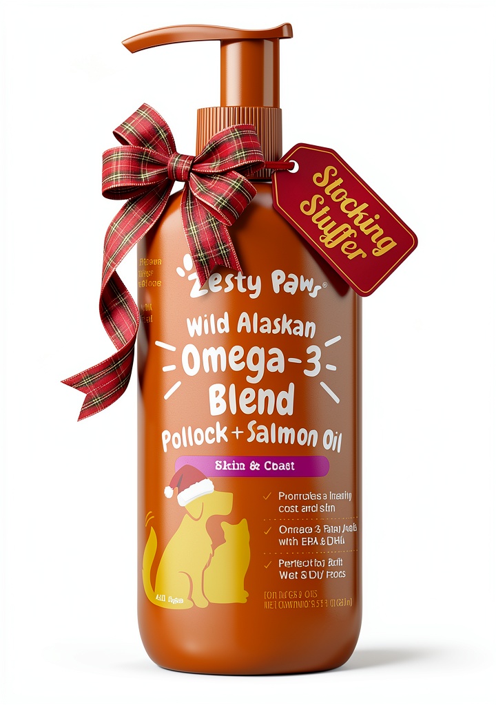 Zesty Paws Salmon Oil bottle with pump on pet food bowl