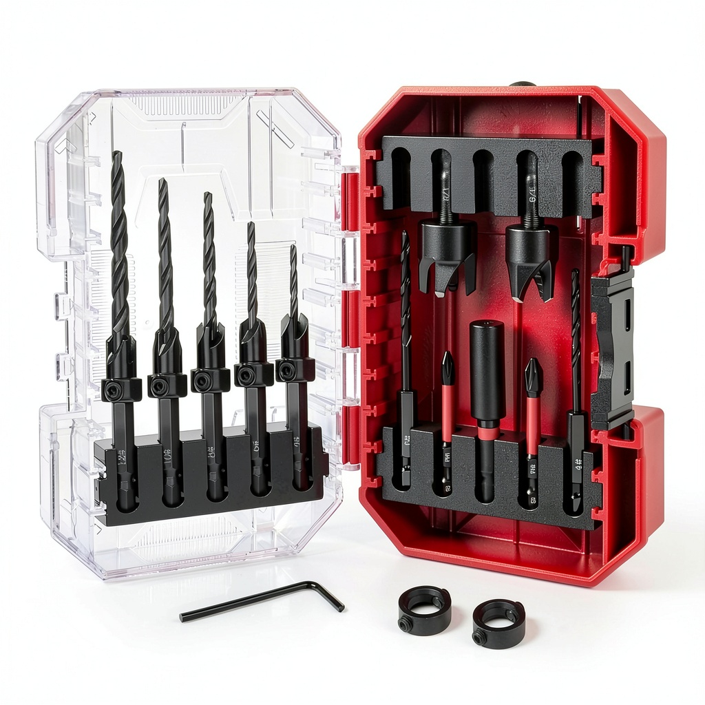 TEWORDA countersink bits set displayed on a workbench with wood samples