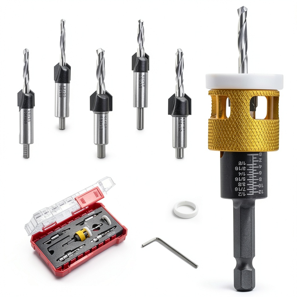 Countersink bits being used on a wooden workbench