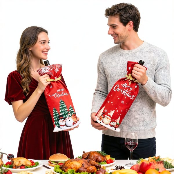Yahpetes Christmas Wine Bottle Bag 2Pcs Xmas Gift Bags Santa Clause, Snowman Red Wine Bottle Cover Bags with Drawstring for Christmas Party Decorations-5