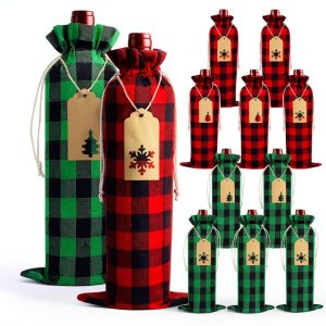 Christmas Wine Bag DULEFUN 12pcs Set Buffalo Plaid Reusable Burlap-0