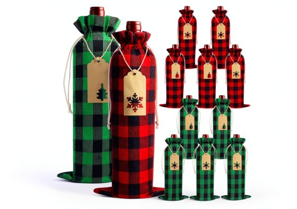 Christmas Wine Bag DULEFUN 12pcs Set Buffalo Plaid Reusable Burlap-0