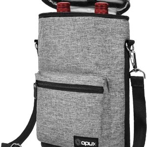 opux Wine Bag 2 Bottle Wine Tote Carrier, Insulated Wine Cooler Bag for Travel Picnic, Leakproof Portable Padded Case, Wine Gifts For Women Men Wine Lovers Christmas, Heather Gray-0