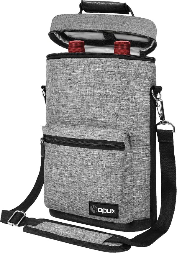 opux Wine Bag 2 Bottle Wine Tote Carrier, Insulated Wine Cooler Bag for Travel Picnic, Leakproof Portable Padded Case, Wine Gifts For Women Men Wine Lovers Christmas, Heather Gray-0