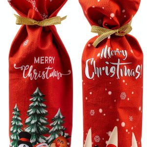 Yahpetes Christmas Wine Bottle Bag 2Pcs Xmas Gift Bags Santa Clause, Snowman Red Wine Bottle Cover Bags with Drawstring for Christmas Party Decorations-0
