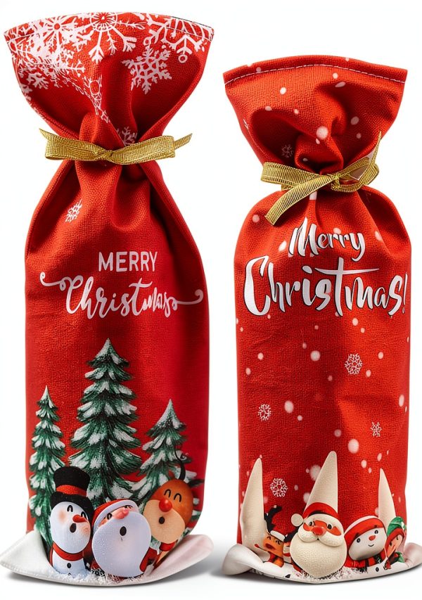 Yahpetes Christmas Wine Bottle Bag 2Pcs Xmas Gift Bags Santa Clause, Snowman Red Wine Bottle Cover Bags with Drawstring for Christmas Party Decorations-0